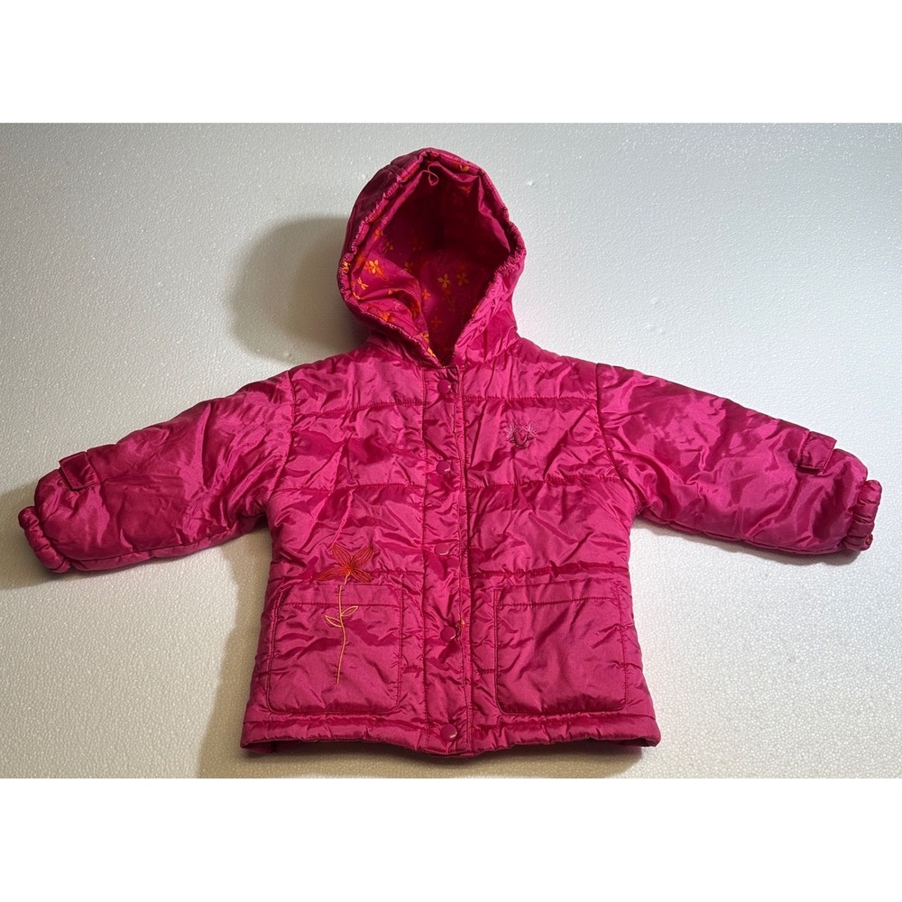 Toddler Girls Pink Quilted Reversible Puffer Jacket Hood Floral Lining Embroider